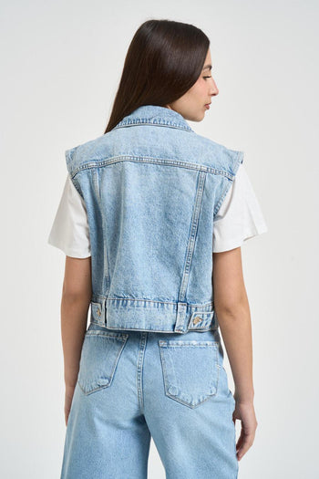 Gilet donna in denim azzurro con perle - 4