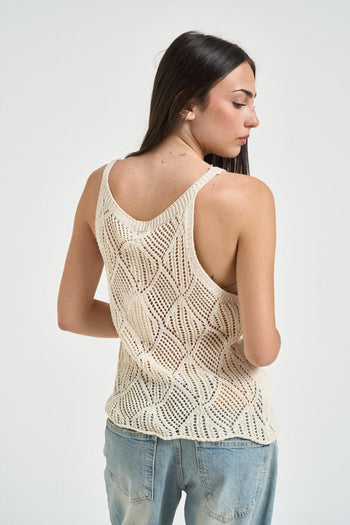 Top donna in maglia traforata panna - 3