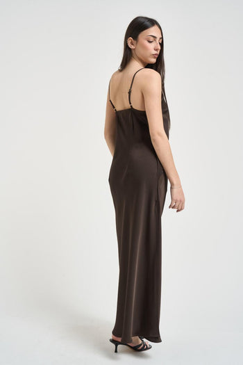Abito donna lungo satinato marrone - 3