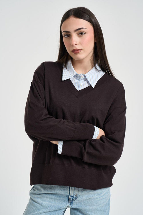 Maglia donna scollo a V marrone - 1