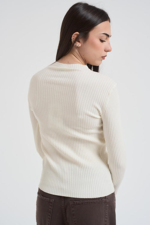 Maglia donna girocollo a costine crema - 2