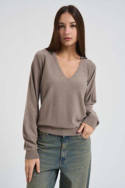 Maglia donna con micro paillettes tortora