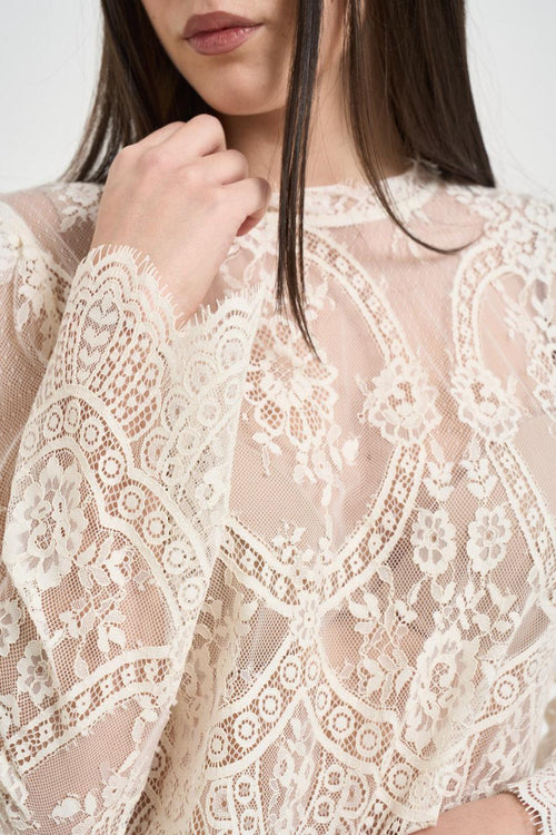 Top donna cropped in pizzo panna - 2
