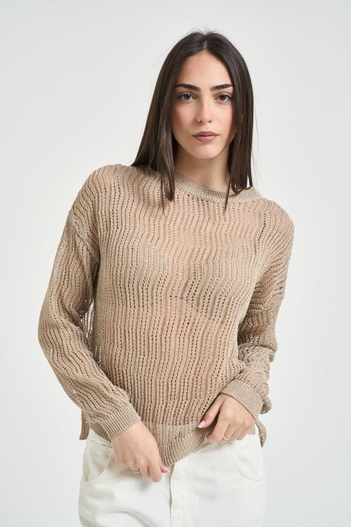 Maglia donna girocollo traforata beige - 1