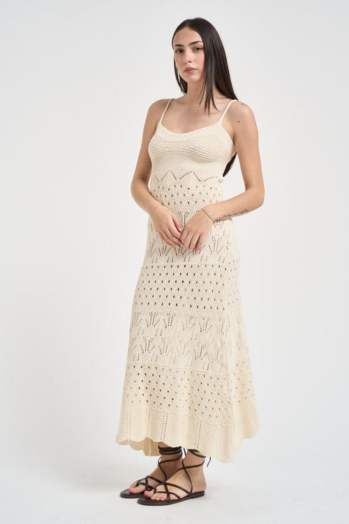 Abito donna lungo in maglia crochet ecru