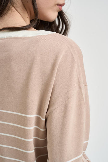 Maglia donna scollo a barca beige e bianca - 5