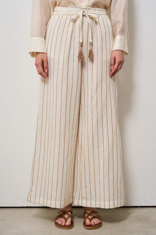 Pantalone donna gessato in lino panna