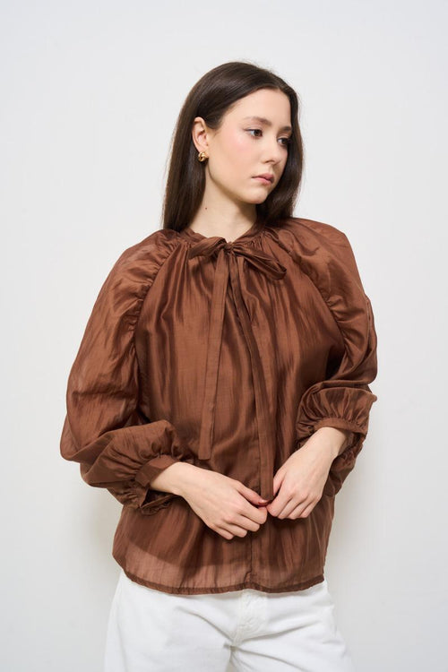 Camicia donna marrone con fiocco - 2