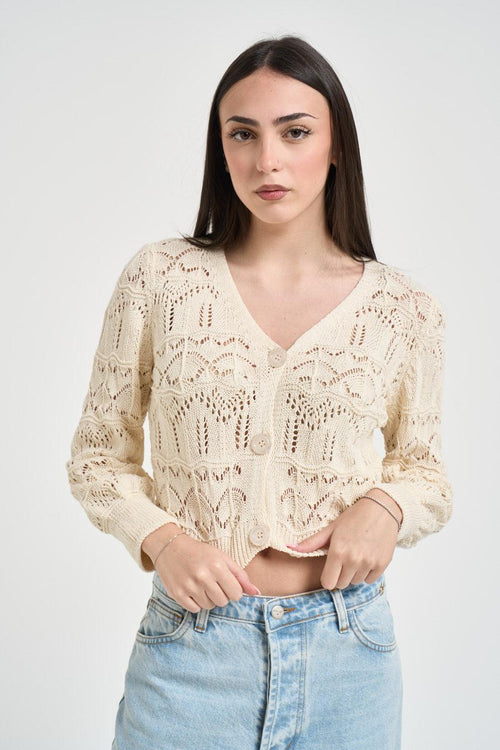 Cardigan donna cropped in maglia traforata panna - 1