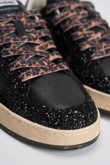 Sneakers donna in pelle e glitter nera - 4
