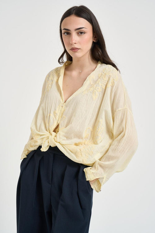 Camicia donna con ricami floreali gialla