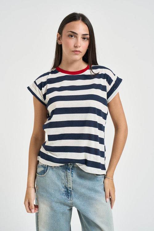 T-shirt donna a righe bianca e blu - 1