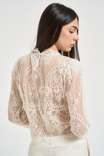 Top donna cropped in pizzo panna - 3