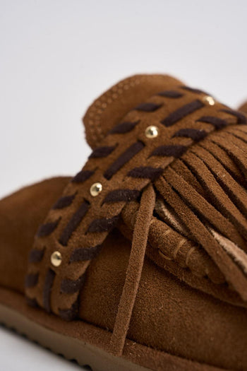 Sabot donna con frange in suede marrone - 5