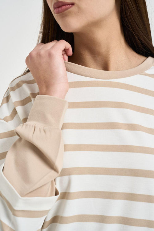 Felpa donna girocollo a righe beige - 2