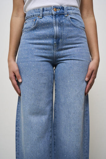 Jeans donna wide leg chiaro con strass - 6