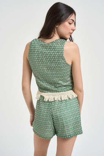 Top donna verde e panna con frange - 3