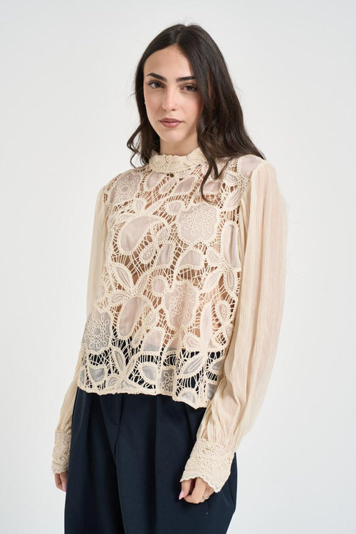 Blusa donna burro con ricamo macramè floreale - 2