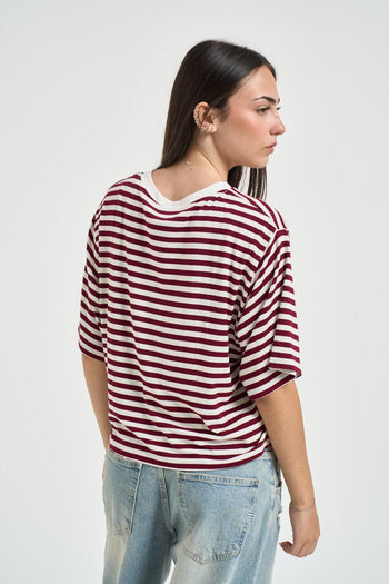 T-shirt donna a righe bordeaux e panna - 4