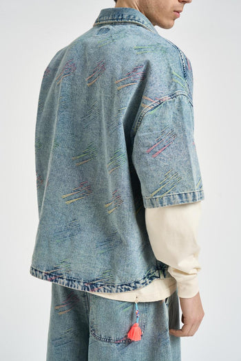 Camicia uomo in denim lavato con stampa all over - 4