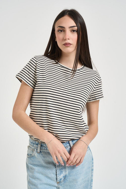 T-shirt donna girocollo a righe bianca e nera