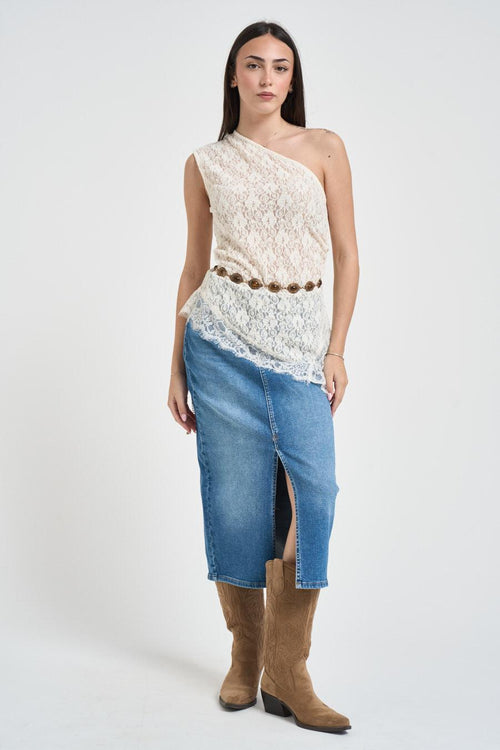 Top donna monospalla in pizzo panna