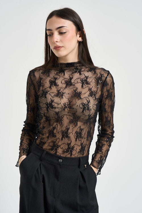 T-shirt donna manica lunga in pizzo nera