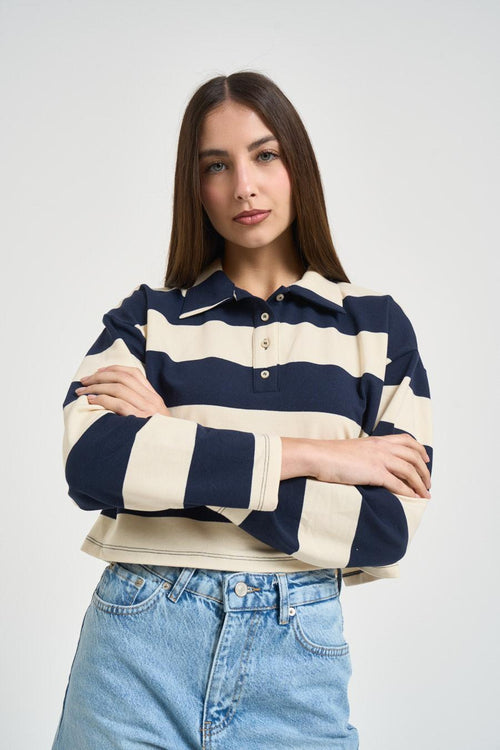 Polo donna a righe blu e panna - 2