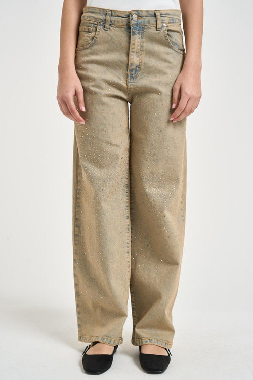 Jeans donna wide leg effetto slavato beige