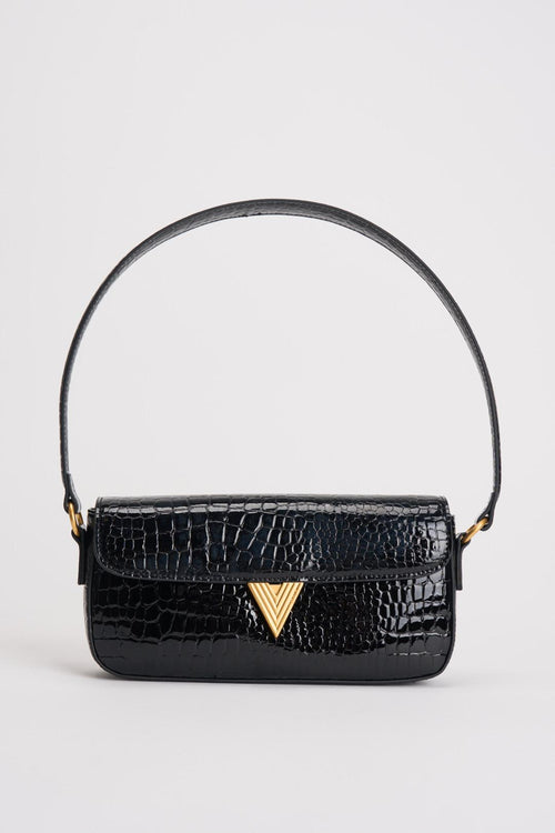 Borsa donna a spalla pitonata lucida nera