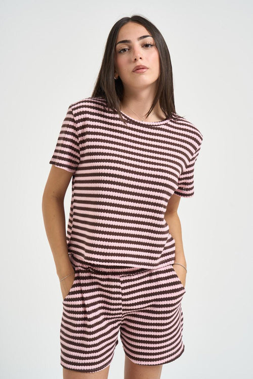 T-shirt donna a righe rosa e marrone - 1