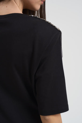 T-shirt donna girocollo nera con strass - 4