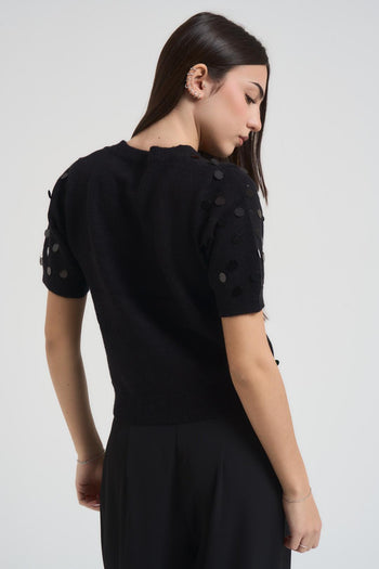 T-shirt donna cropped con paillettes nera - 4
