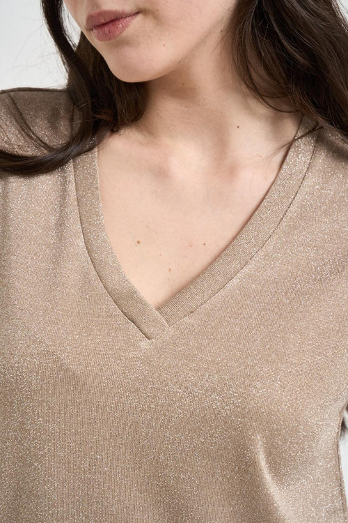 T-shirt donna effetto lurex beige dorato - 2