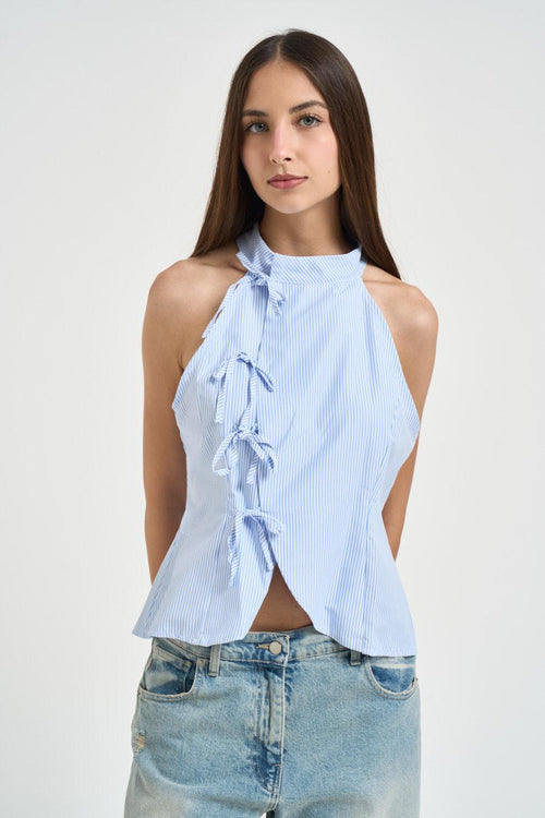 Top donna a righe celeste e bianco - 1