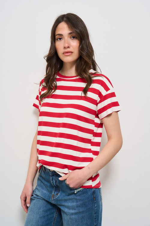 T-shirt donna a righe rosse e bianche