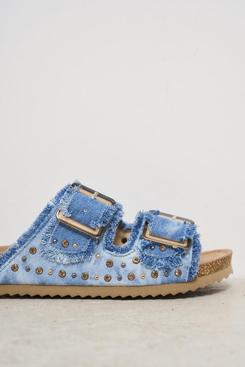 Sandali donna in denim con strass e borchie - 2
