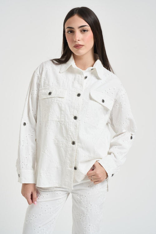 Camcia donna con ricami in denim bianco - 2