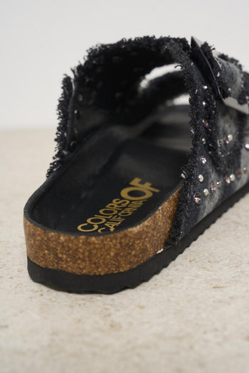 Women's black denim sandals with rhinestones and studs - 7
