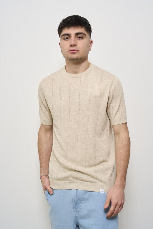 Men's beige knit crew neck T-shirt