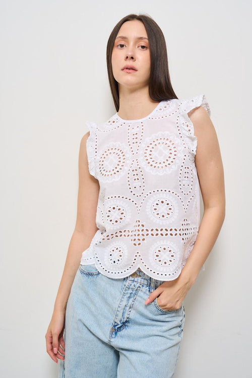 T-shirt donna girocollo crochet bianca