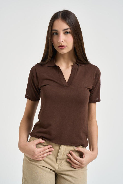 Polo donna scollo a V marrone