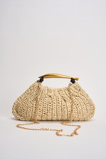 Borsa donna in rafia beige con manico oro - 4