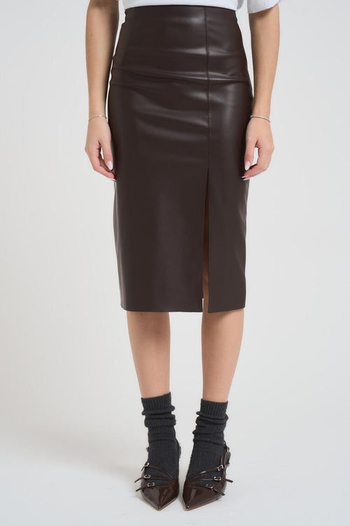 Gonna donna midi in ecopelle marrone