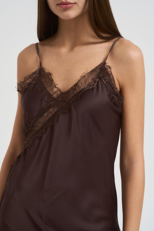 Abito donna asimmetrico in pizzo marrone - 2