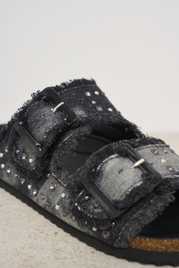 Women's black denim sandals with rhinestones and studs - 5