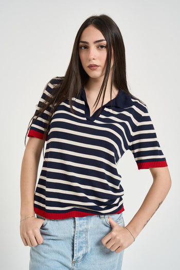 Polo donna a righe blu e panna - 3