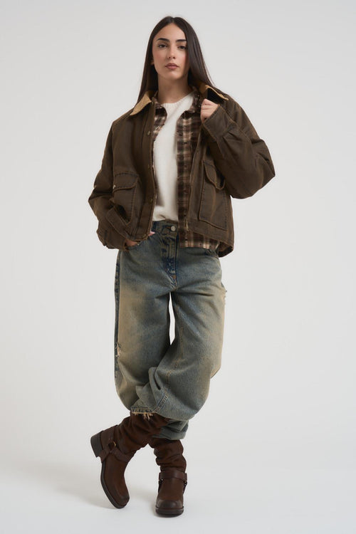 Giubbotto donna con colletto in velluto marrone