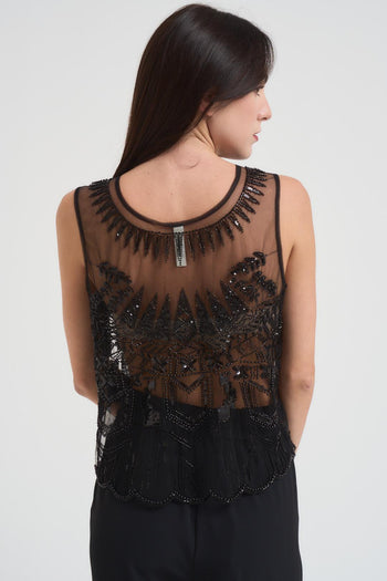 Top tulle donna con applicazioni nero - 5