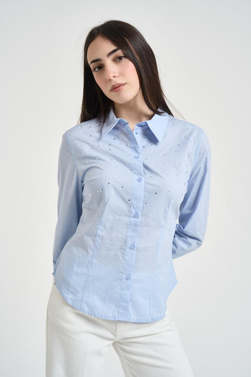 Camicia donna con strass celeste